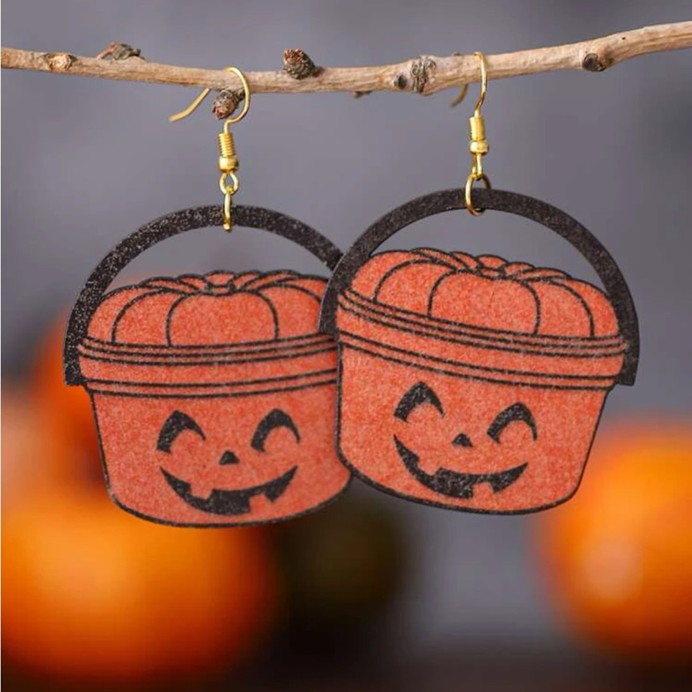 Wood Halloween Pumpkin Jack O Lantern Basket Shaped Earrings